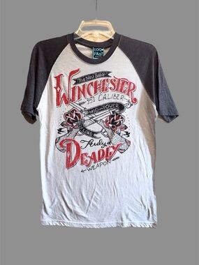 Too Fast Winchester Raglan Tee - White & Black with Red Graphic